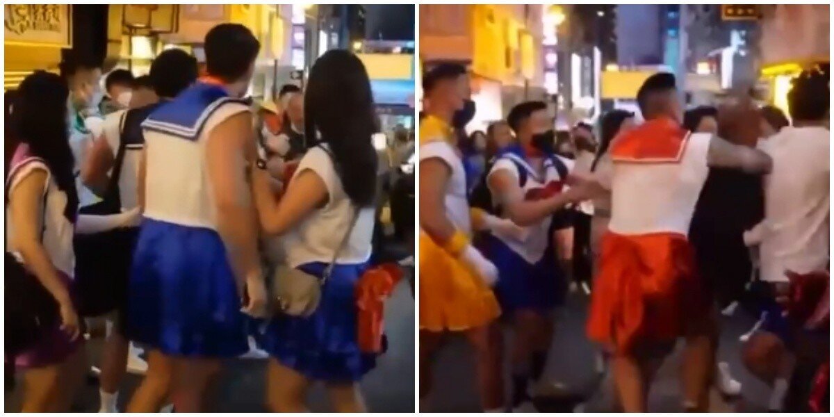 "Лунная призма, дай мне силу!": в Гонконге толпа накаченных мужиков в костюмах Сейлор Мун подрались с пьяным прохожим