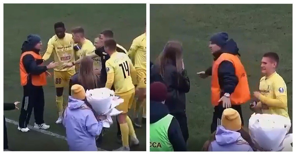 На Чемпионате Беларуси по футболу спортсмен забил гол, сделал предложение своей девушке и сцепился со стюардом, который пытался вытолкать её с поля