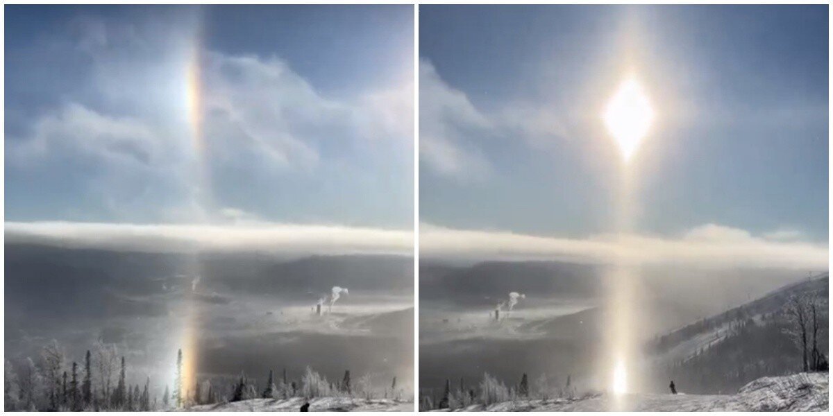Столбы света и радуга: в горах Шерегеша засняли на видео необычное природное явление