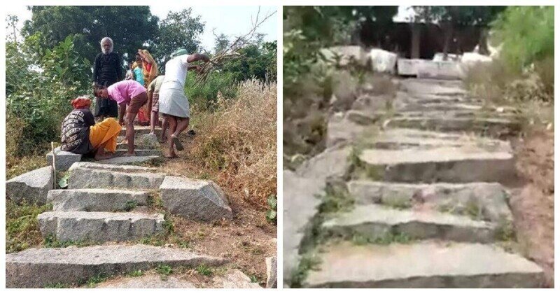 Мужчина потратил 8 лет, вырезая 400 каменных ступеней к храму на вершине холма
