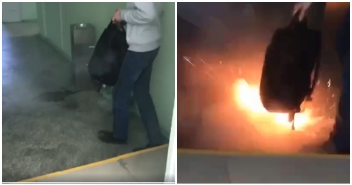 Взрыв&nbsp;неисправного пауэрбанка в рюкзаке студента попал на видео