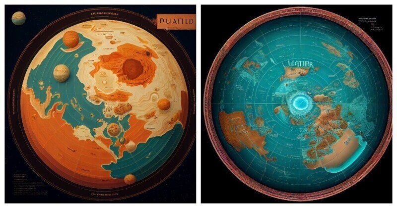Зато Midjourney смогла нарисовать несуществующие карты планет