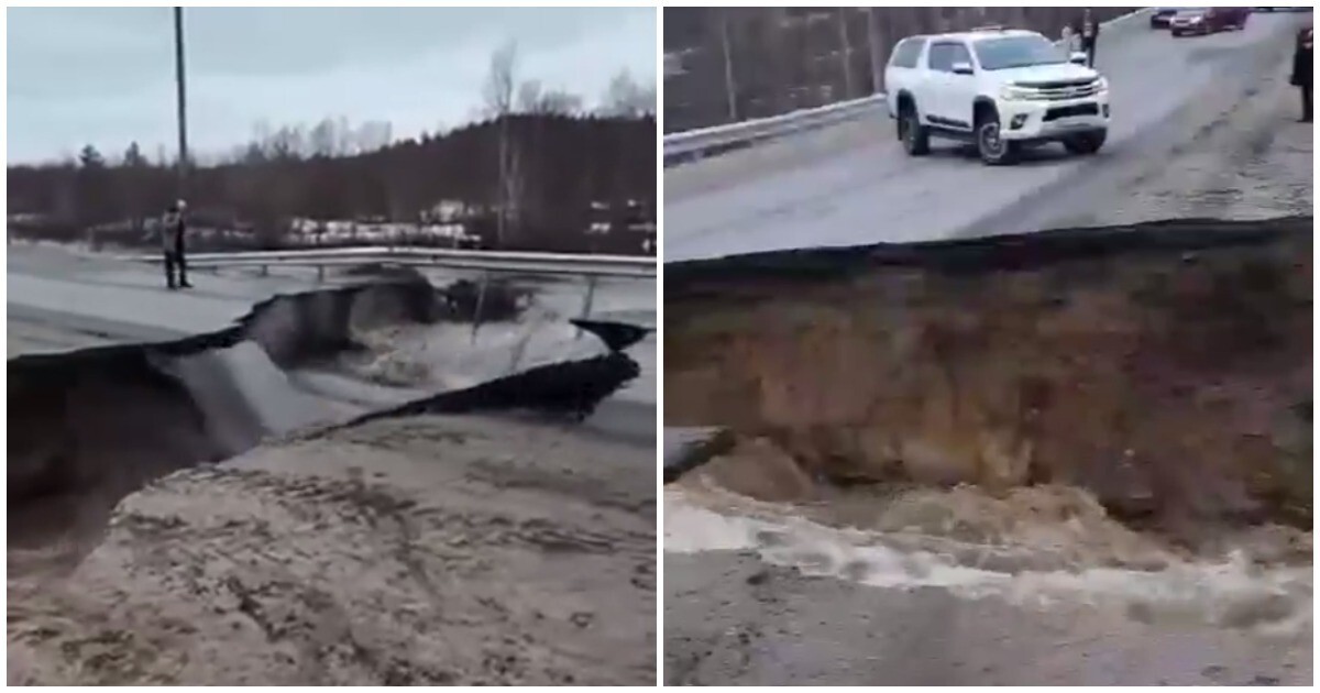 В Мурманской области потоком воды смыло участок автодороги