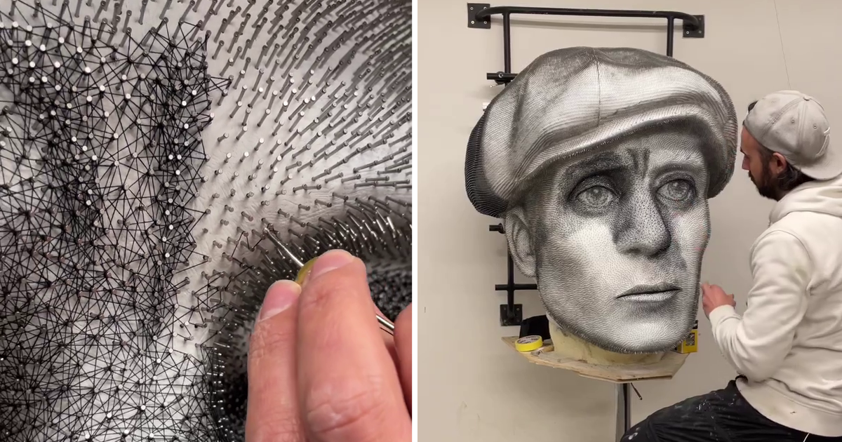 Художник работает над 3D-портретом Киллиана Мерфи из нити и 78 000 гвоздей