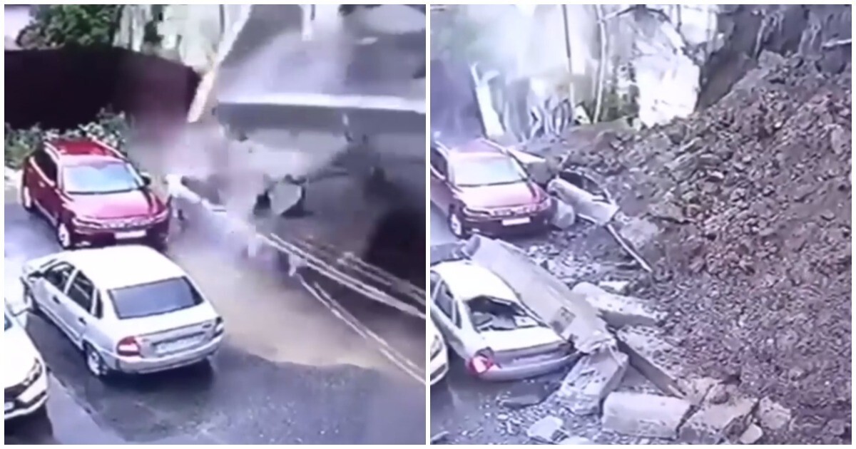 В Кисловодске рухнувшая стена смяла в лепёшки несколько автомобилей