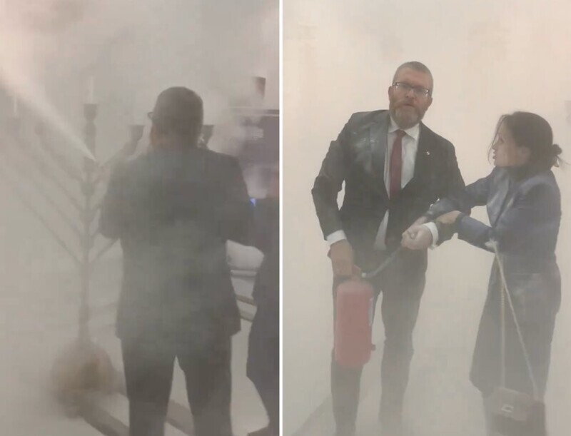 Польский парламентарий при помощи огнетушителя затушил менору, зажженную по случаю Хануки
