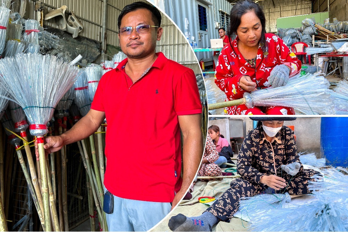 Камбоджийский "утилизатор" превращает тонны пластиковых бутылок в мётлы