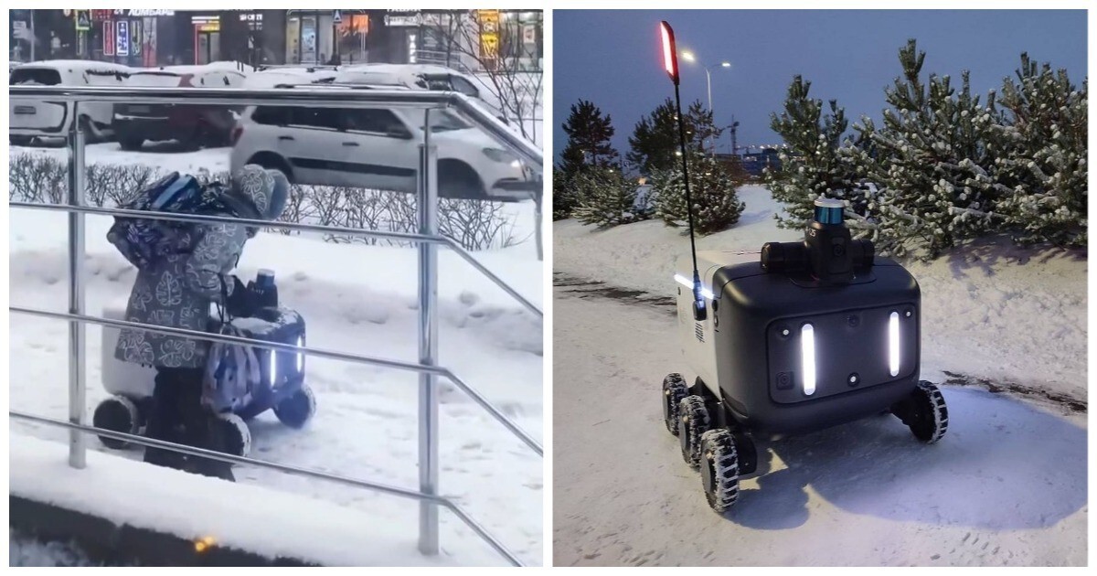 Школьница отряхнула от снега робота-доставщика