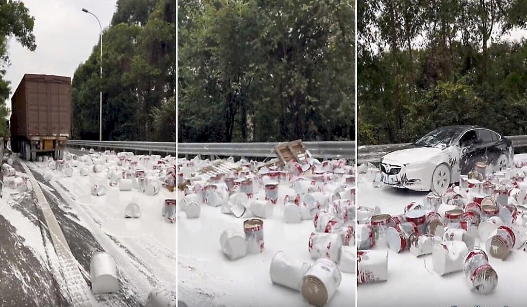 Сотни банок с краской выпали из грузовика и «преобразили» китайскую автомагистраль