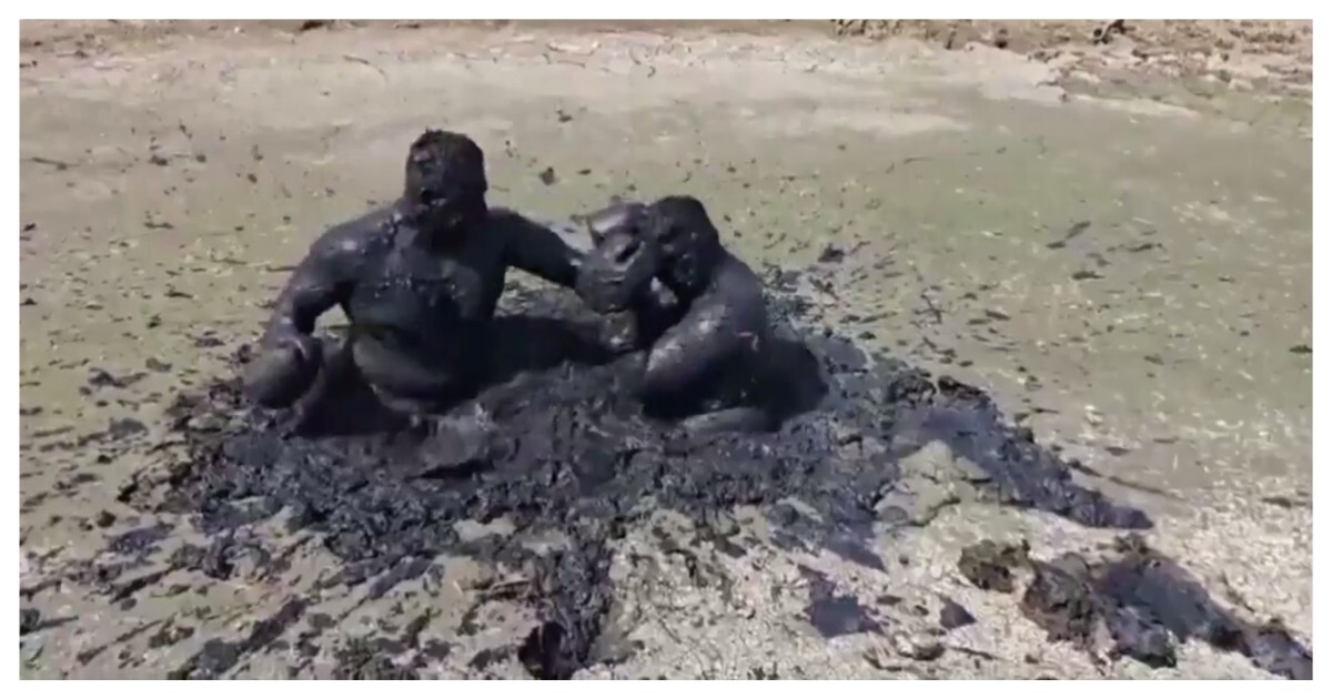 Мужчины устроили забавную битву в грязи