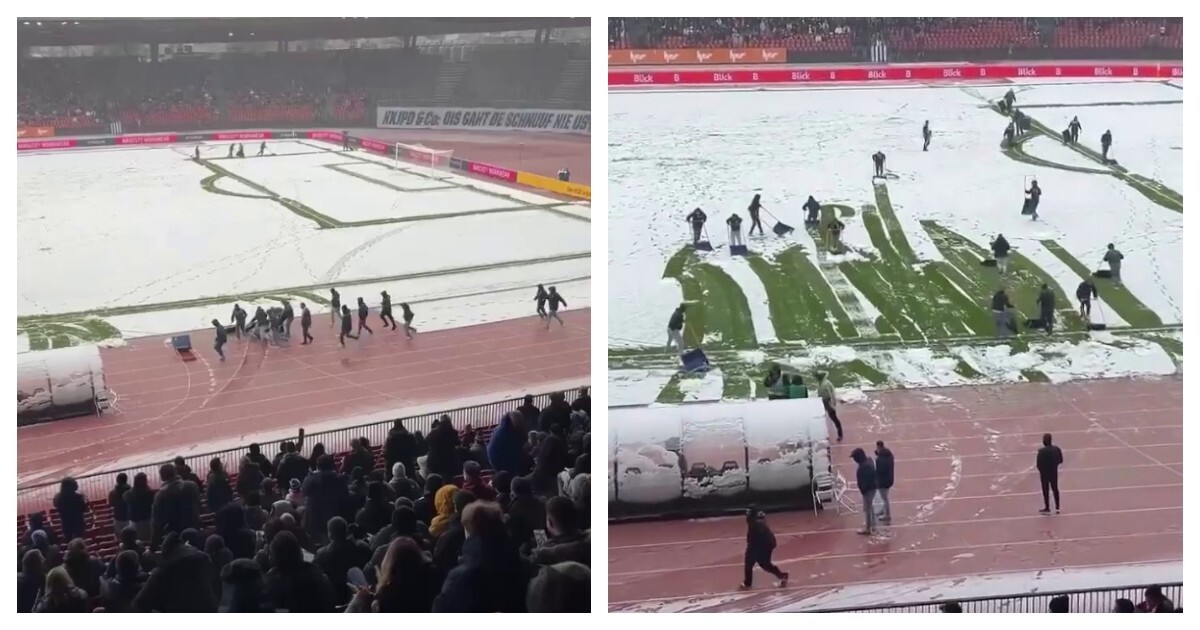 В Швейцарии снегопад чуть не сорвал матч. На помощь пришли футбольные болельщики