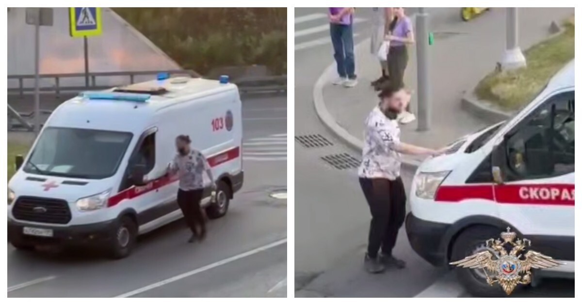 Парень напал на машину скорой помощи на дороге