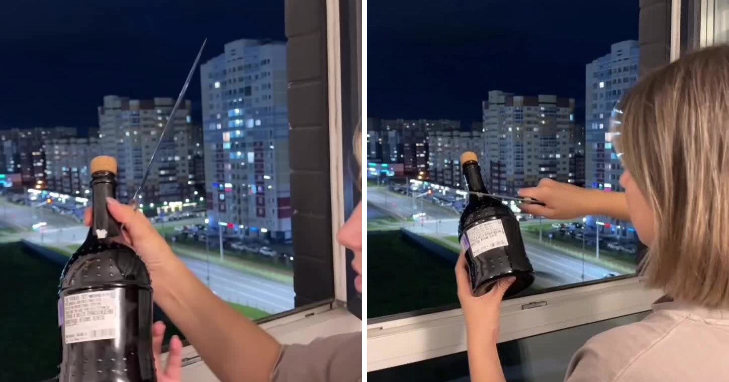 Неудачная попытка женщины открыть бутылку