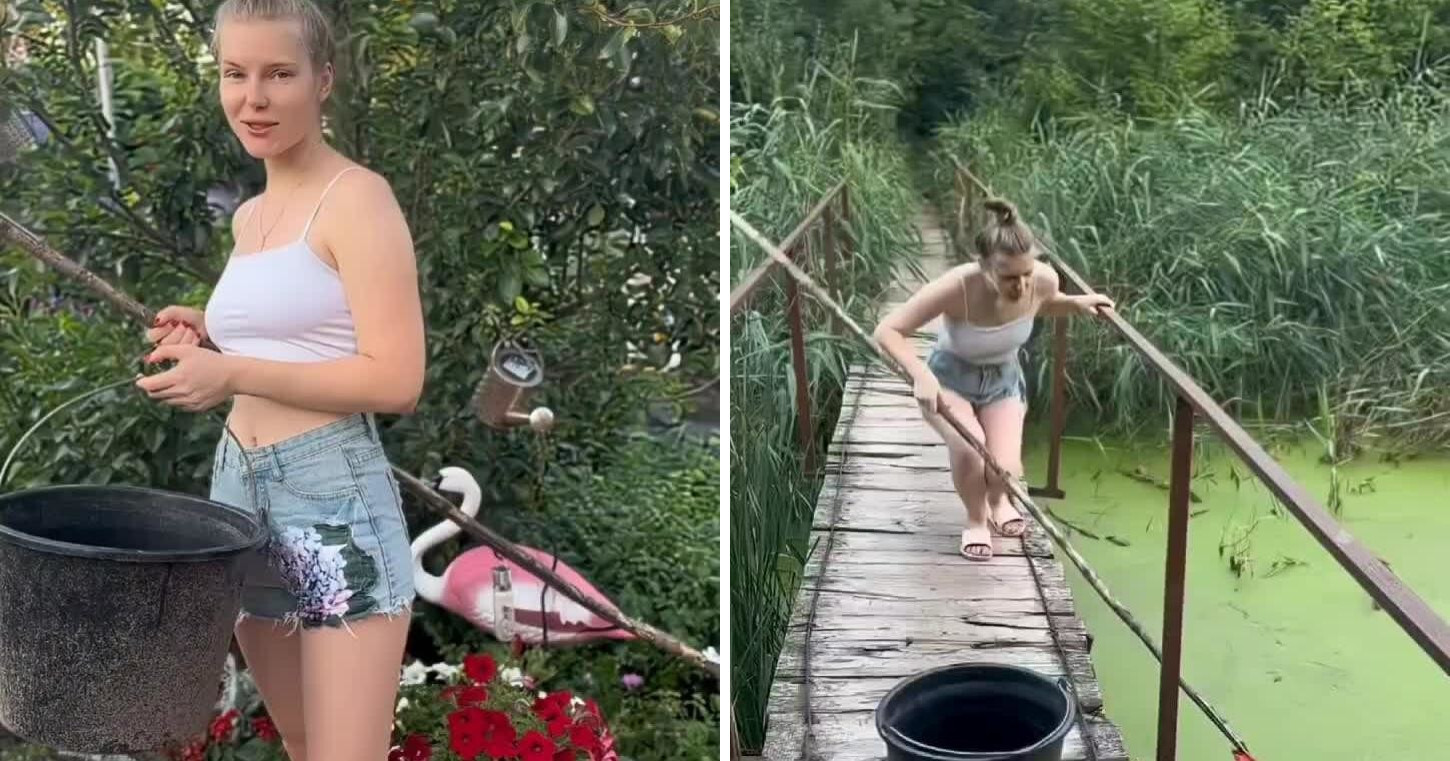Девушка отправилась на речку, чтобы собрать ряску для домашней птицы