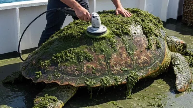 Спасение морской черепахи от водорослей и ракушек