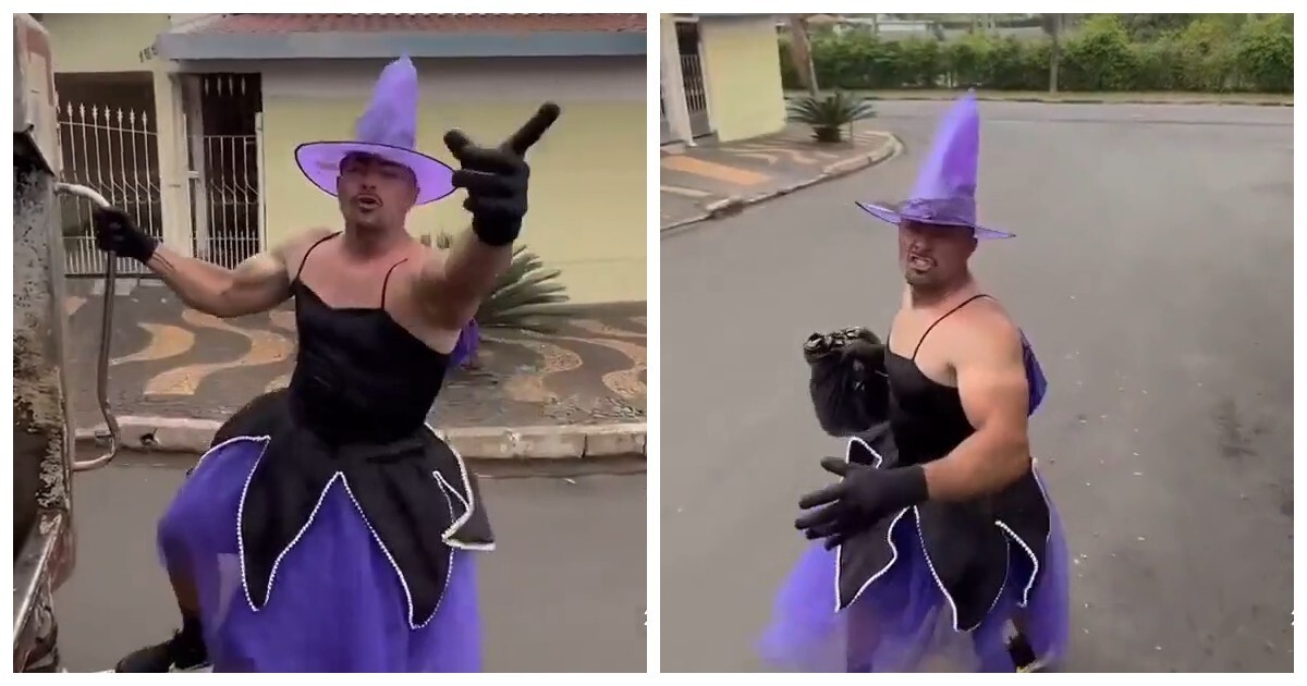 Бразильский мусорщик на Хэллоуин вышел на улицу в костюме ведьмы