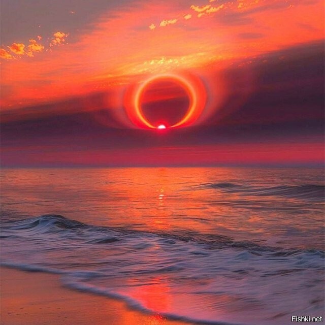 Красивое гало вокруг закатного Солнца — редкое зрелище, возникающее при сочет...