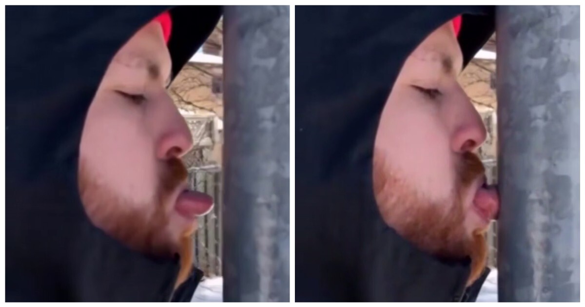 Парень лизнул металл на морозе