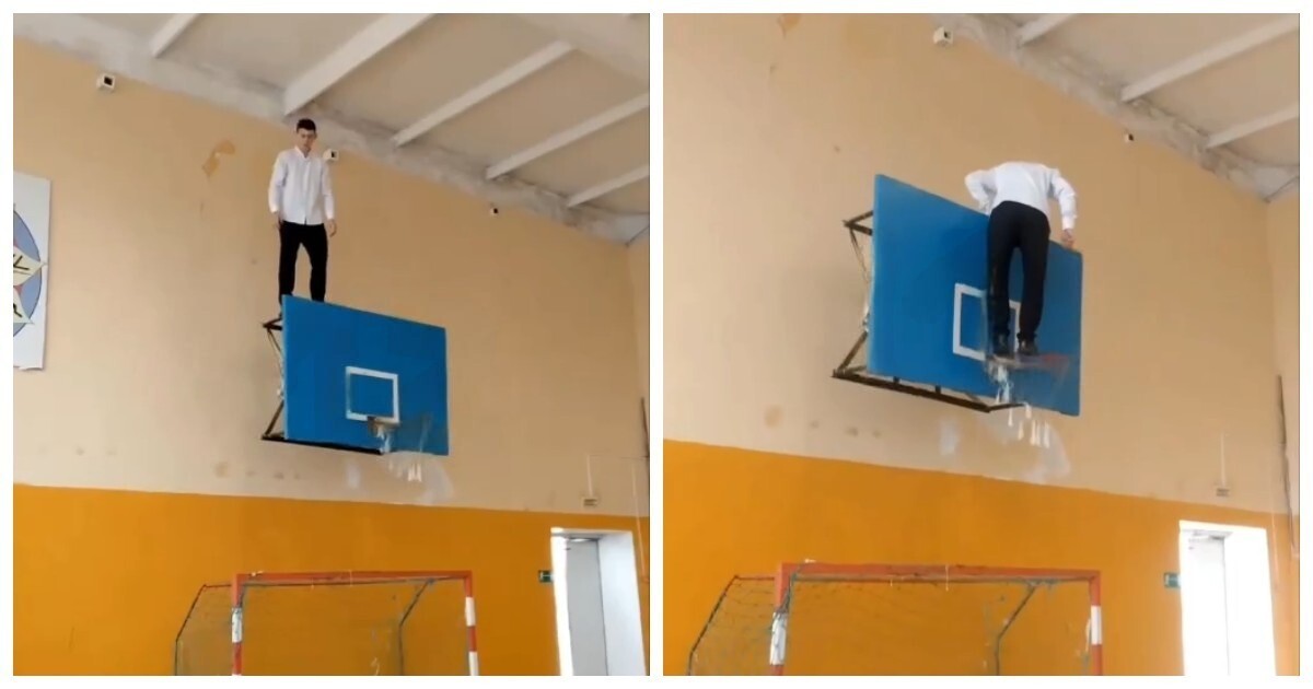 Школьник на уроке физкультуры залез на баскетбольный щит и устроил представление с сальто