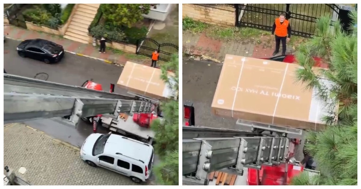 В Турции 100-дюймовый телевизор доставили по пожарной лестнице