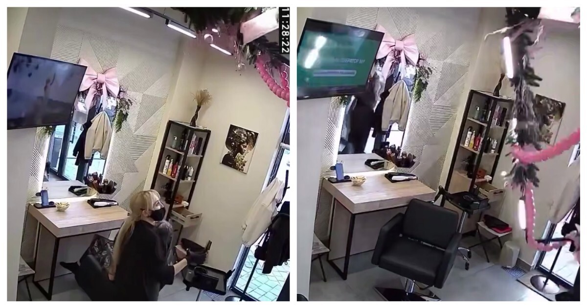 Люстра с новогодними подарками чуть не упала на головы женщин в салоне красоты