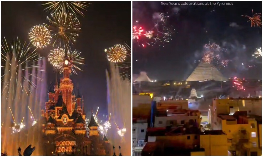 Новогодний салют над пирамидами Хеопса и над парижским Диснейлендом