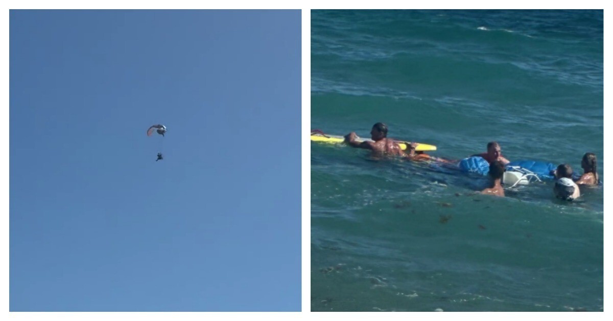 Падение мотопарапланериста в воду попало на видео