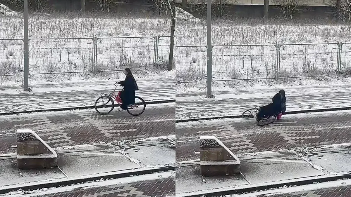Парень на работе наблюдал падения велосипедистов и не смог удержаться от смеха