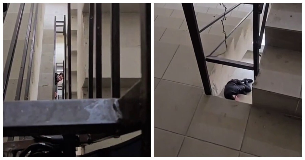 Неожиданный прыжок наркомана в подъезде