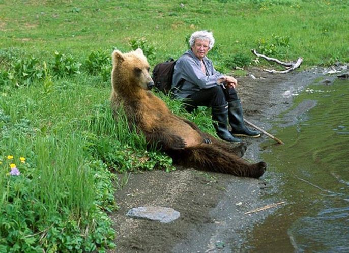 Bear kicking back with an old lady 