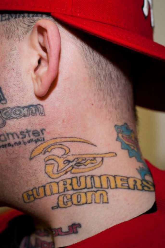 Neck tattoo, gunrunners 