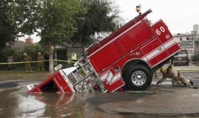 Firetruck in Sinkhole  