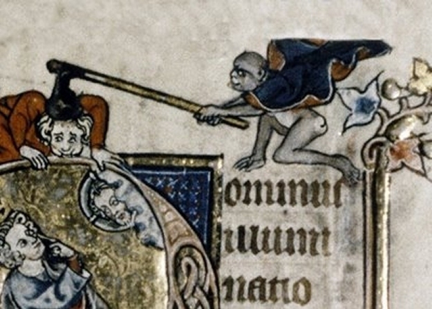 An ape bludgeoning a man with an axe