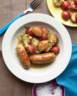 Beer-Braised Sausages with Warm Potato Salad  