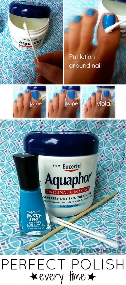 Apply Aquaphor or Vaseline to cuticles to protect your skin from errant nail polish strokes.