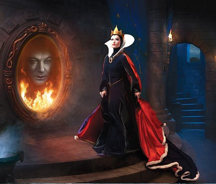 Olivia Wilde as the Evil Queen and Alec Baldwin as the Mirror