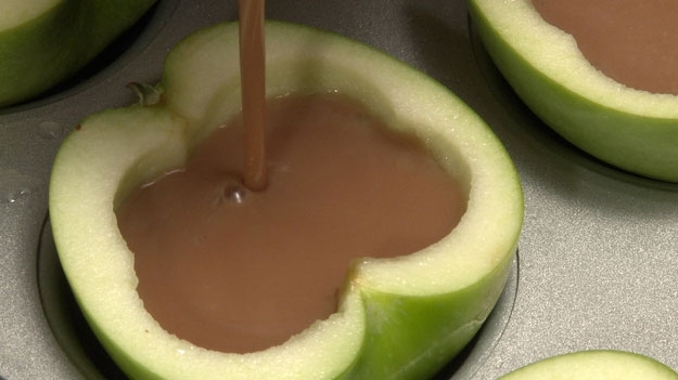 Fill each apple cup with caramel jello mixture.