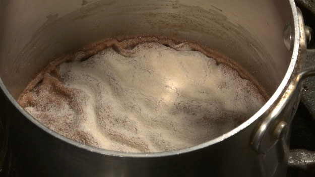 After it has soaked a few minutes, heat the mixture over medium-low heat, whisking occasionally