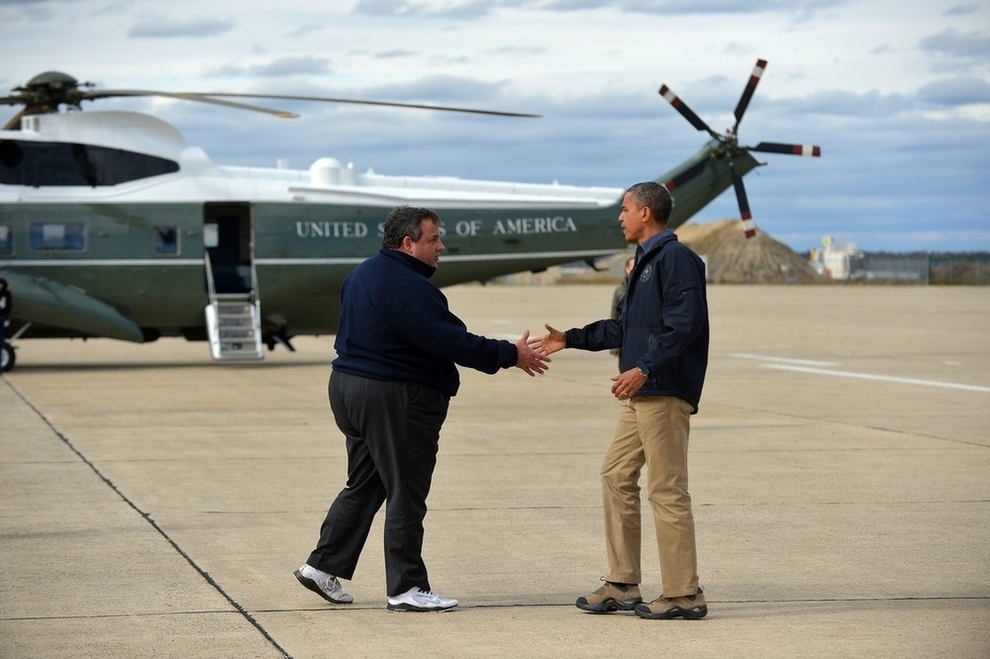 Governor Christie greets President Obama before touring storm damage in New Jersey. 