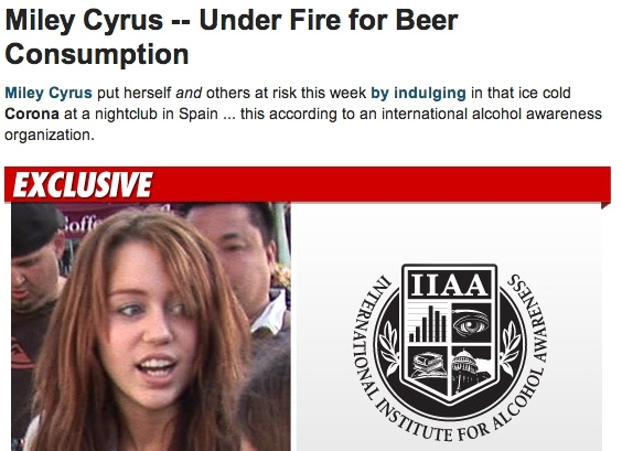 November 2010: 17-year-old Miley caught drinking beer in Spain 