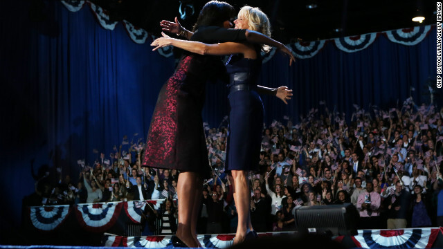 Michelle Obama and Dr. Jill Biden hug in celebration