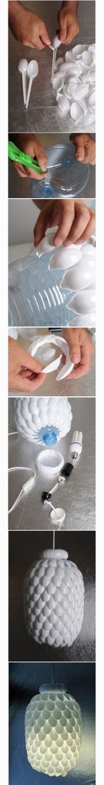Plastic spoons and a water jug can become a light with great texture.