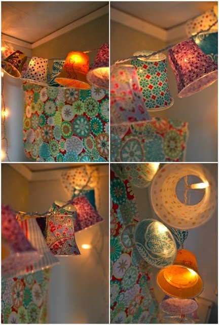 Bust out your decoupage skills and use plastic cups to make these colorful string lights.