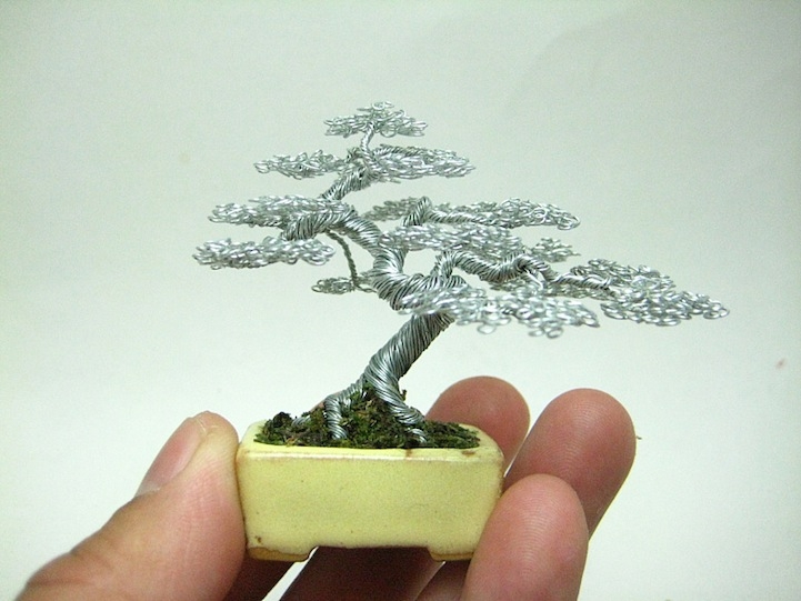 Miniature Bonsai Tree Sculptures Made of Wire 
