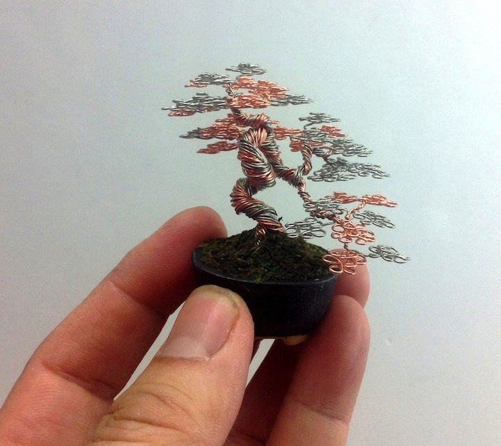 Miniature Bonsai Tree Sculptures Made of Wire 