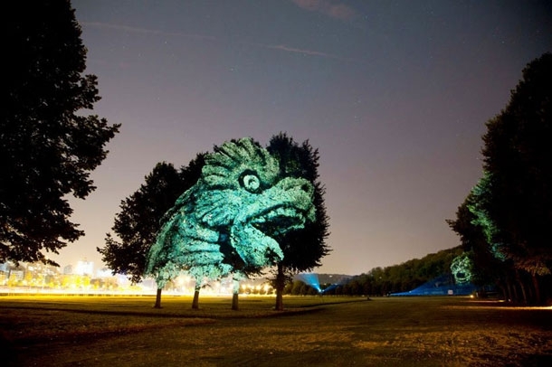 Stunning 3D Gargoyle Heads Projected Onto Trees