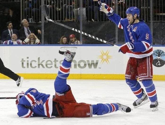 Marc Staal Takes Puck to the Face