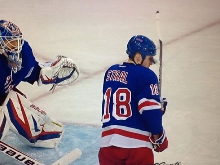 Marc Staal Takes Puck to the Face