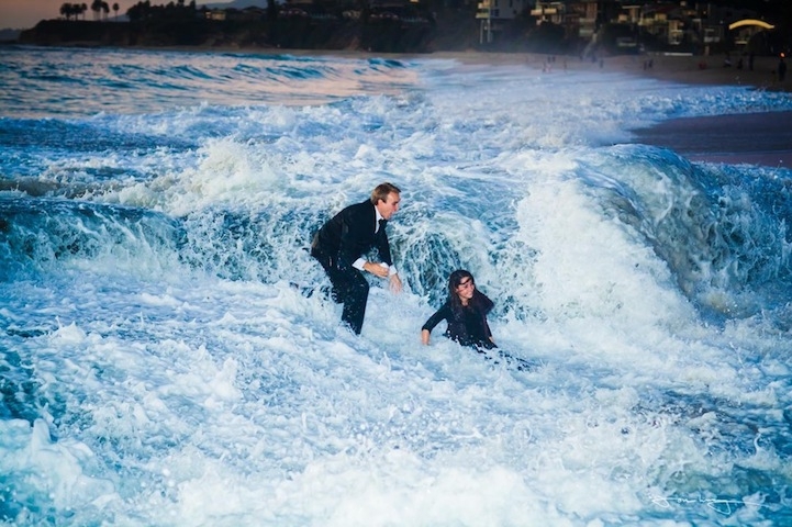 Giant Wave Interrupts Beach Wedding Proposal 
