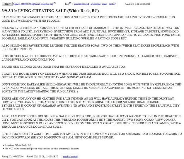 Woman Gets Back at Cheating Husband With Humorous Craigslist Ad